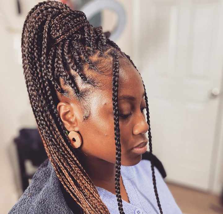 21. Box Braids in Ponytail + Two Bangs